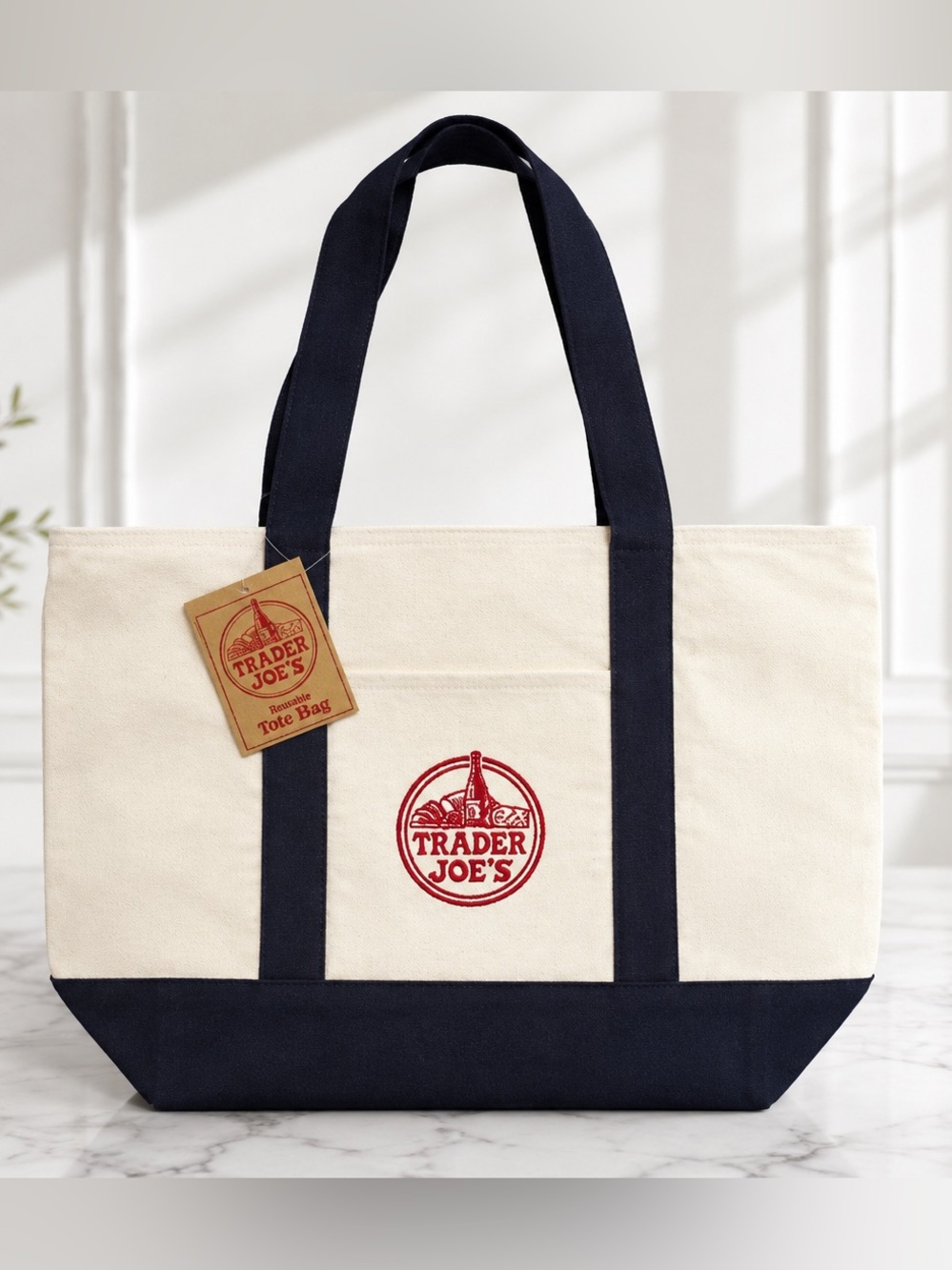 NWT Trader Joe’s Large Canvas Tote Navy Blue Embroidered Reusable Shopping Bag